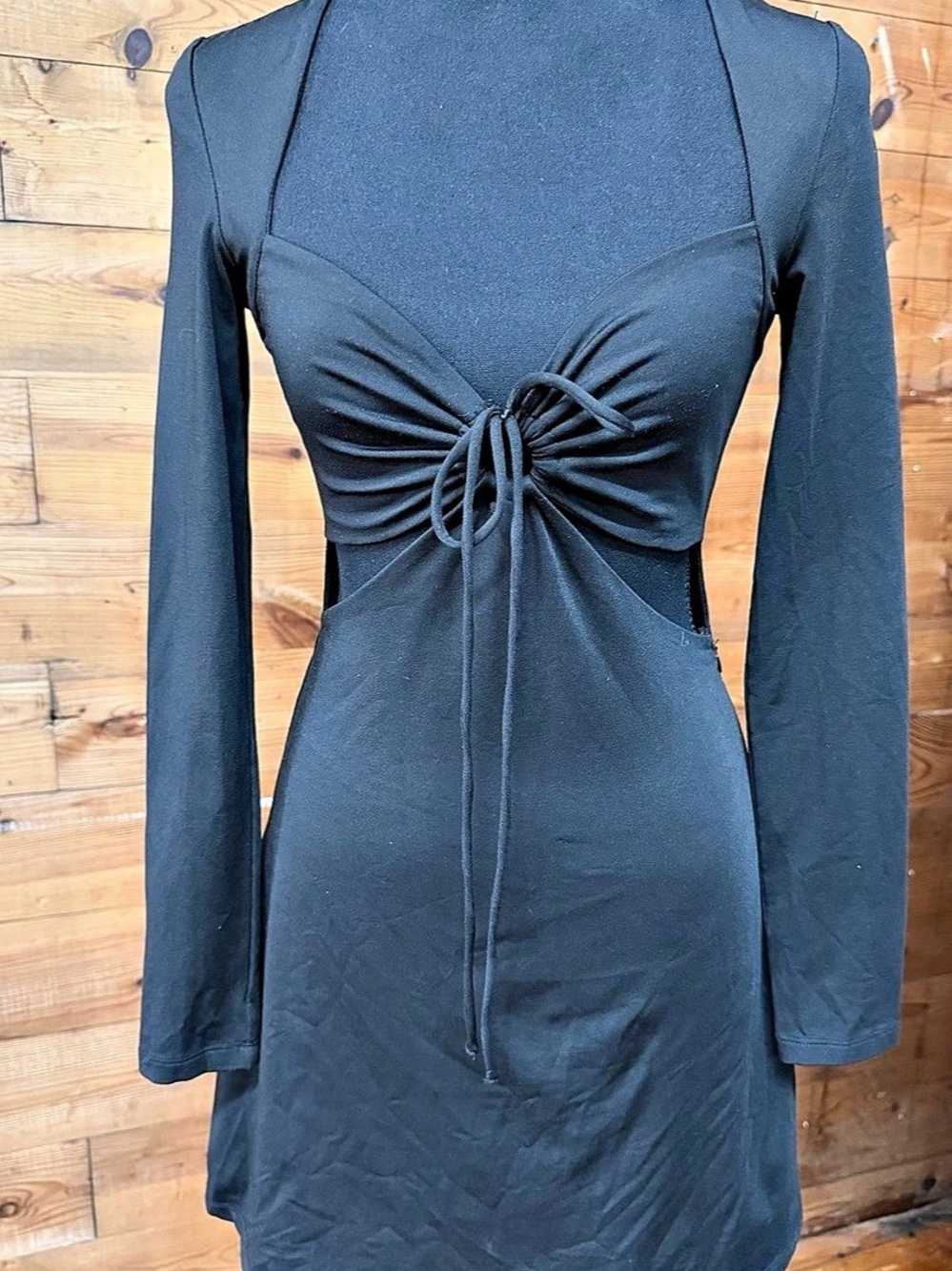 Princess Polly Ruched Tie Front Mini Dress in Black Size Medium Like New